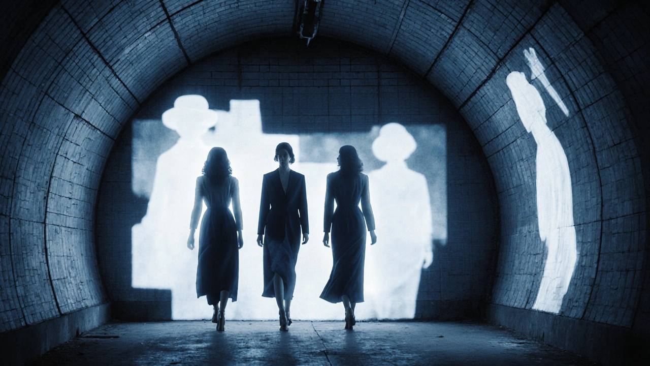 Three ethereal silhouettes walking through an abandoned metro station, their past images faintly glowing on the walls.