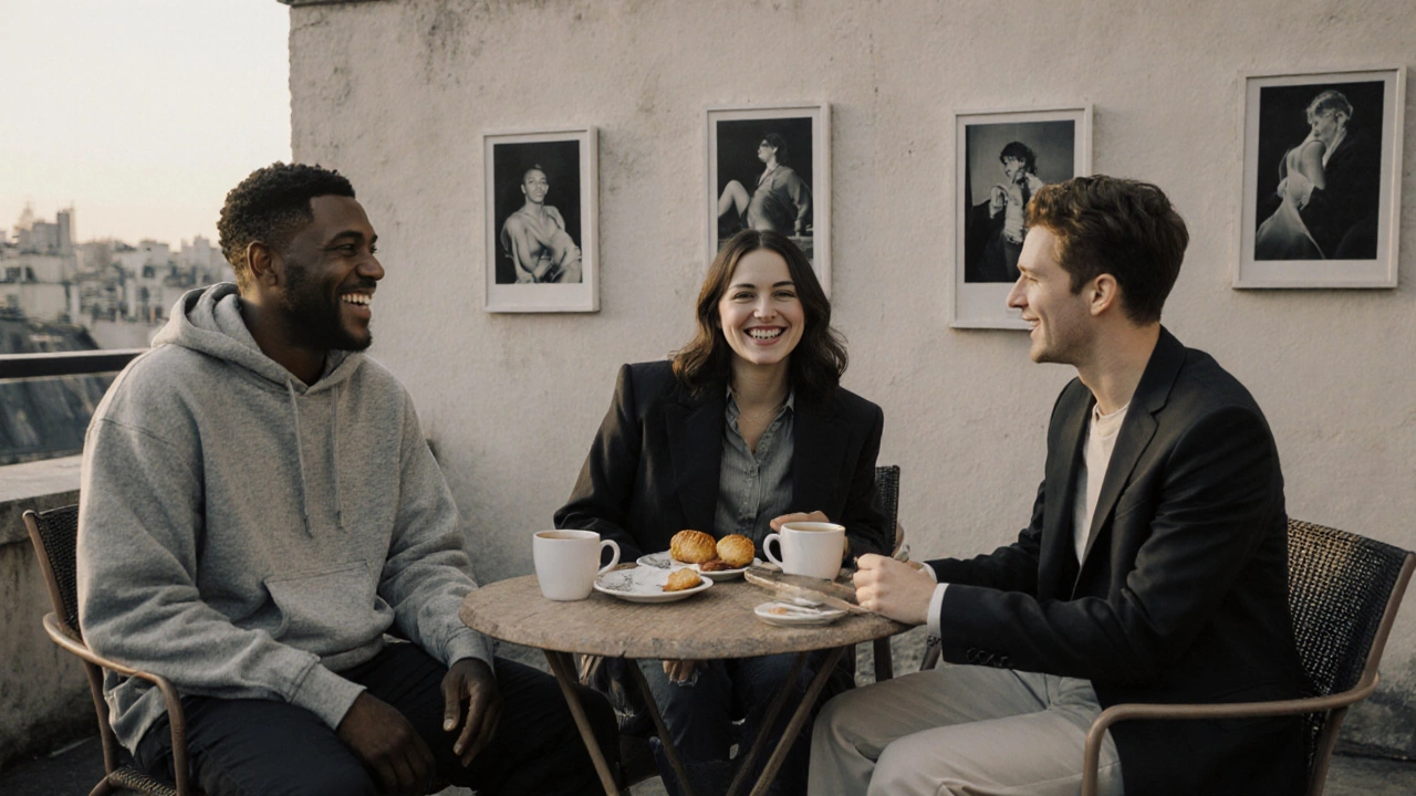 Three people share coffee at a rooftop garden at dawn, framed by artistic portraits, in a moment of quiet human connection in Paris.