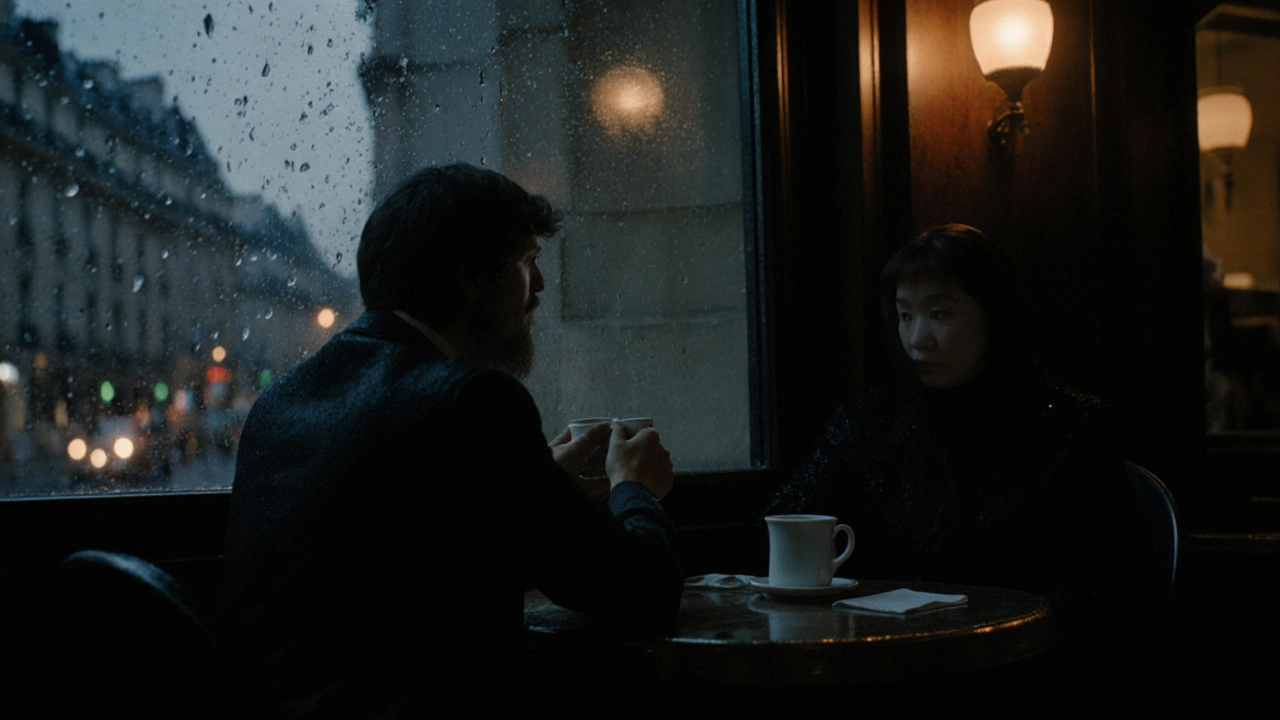 Two anonymous figures in a rainy Paris café, silhouetted at a corner table, warm light glowing behind them.