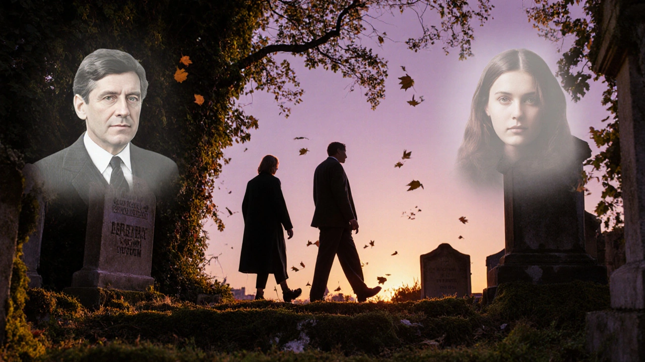 Two figures walking through Montparnasse Cemetery at sunset, their shadows blending with historic gravestones.