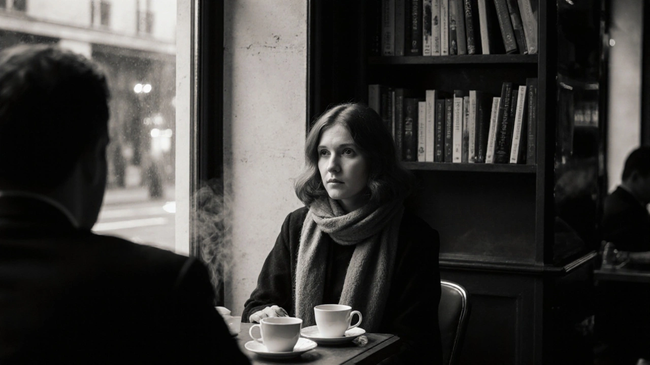 Two people converse quietly in a cozy Parisian café, books and steam rising from cups in the background.