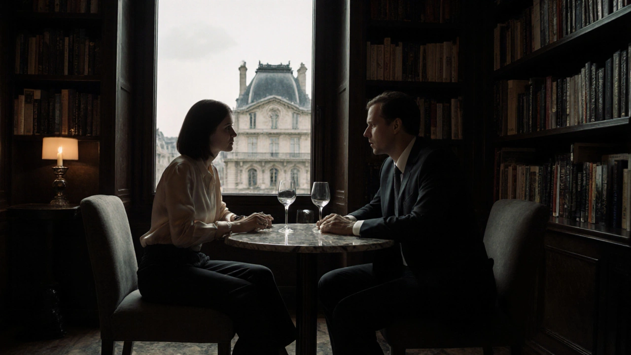 Two people in quiet conversation in a luxurious Paris lounge with art books and candlelight.