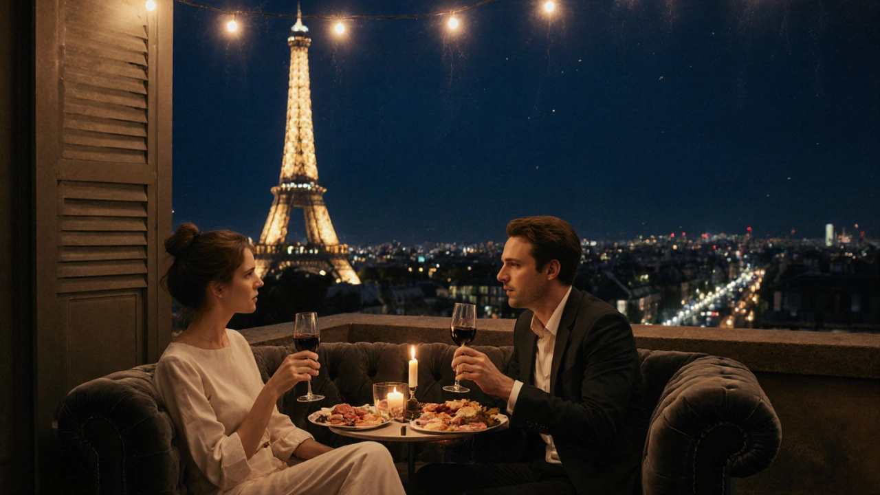 Two people on a private rooftop terrace in Passy, enjoying wine and charcuterie as the Eiffel Tower sparkles at night.