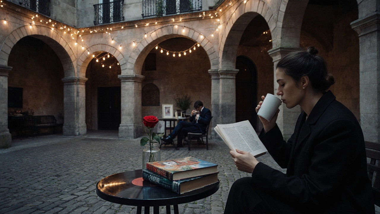 Two people relaxing in a hidden Parisian courtyard with fairy lights, books, and a rose vase under twilight blue lighting.