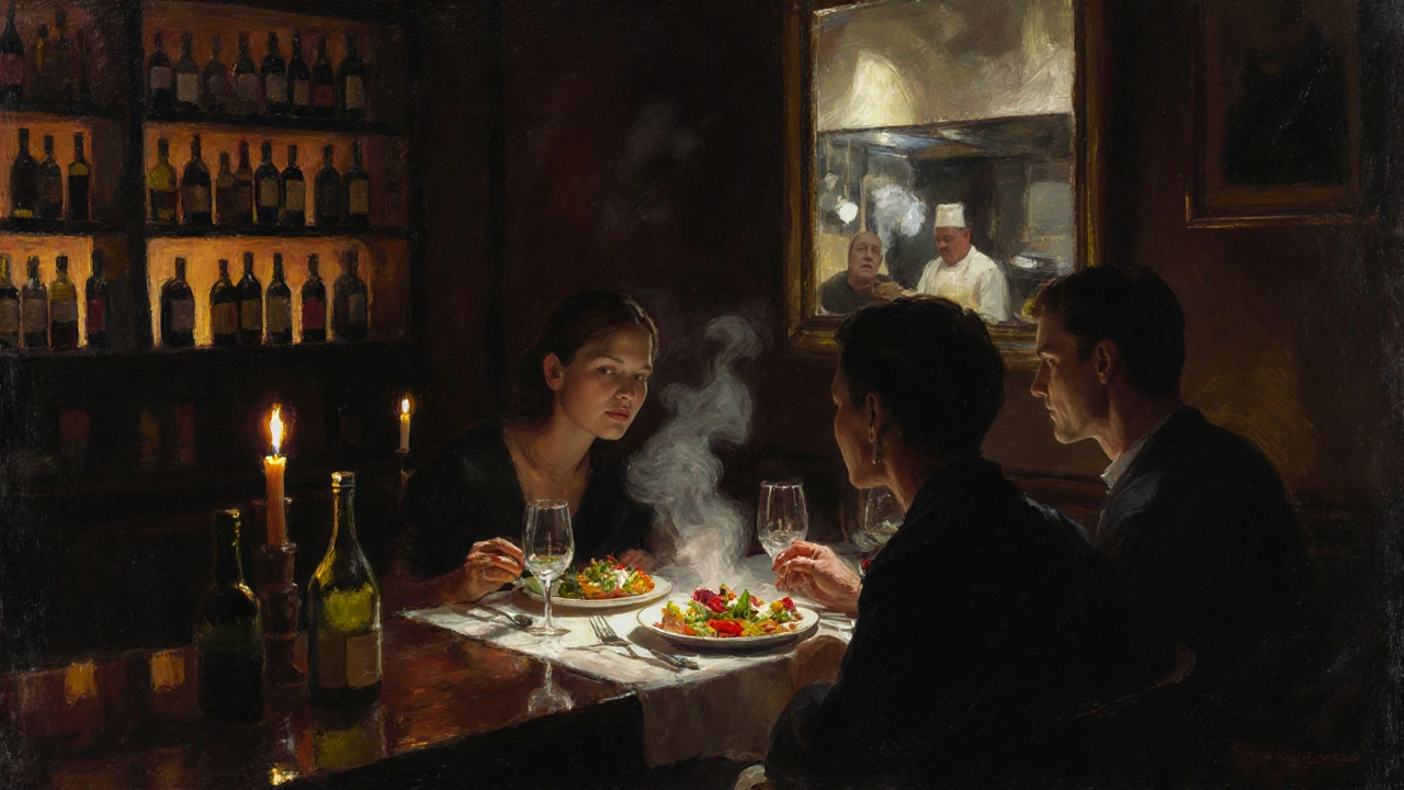 Two people share a quiet dinner at a Parisian bar, candlelight reflecting off wine glasses and wooden counters.