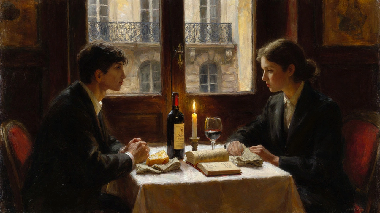Two people share a quiet evening at a cozy bistro, wine and bread on the table, candlelight glowing warmly.