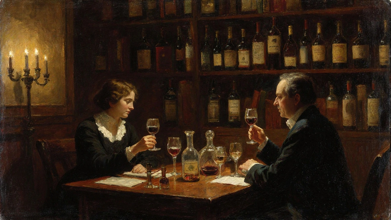 Two people share a quiet wine tasting in a candlelit cellar filled with books and vintage bottles.