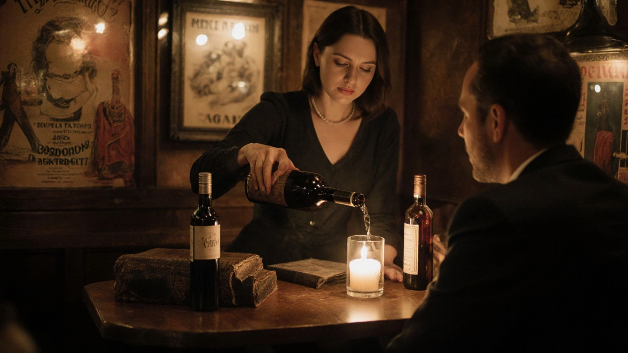 Two people share wine in a cozy Parisian wine bar, candlelight casting warm shadows.