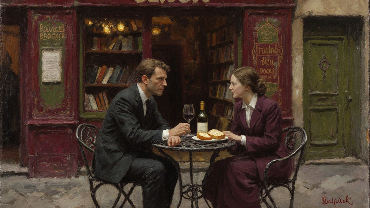 Two people sharing wine and bread on a quiet Paris terrace, old bookshop in the background at twilight.
