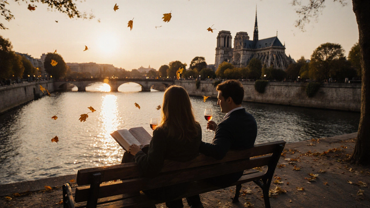 Two people sitting peacefully on a bench by the Seine at sunset, books and wine beside them, Notre-Dame reflected in the water.