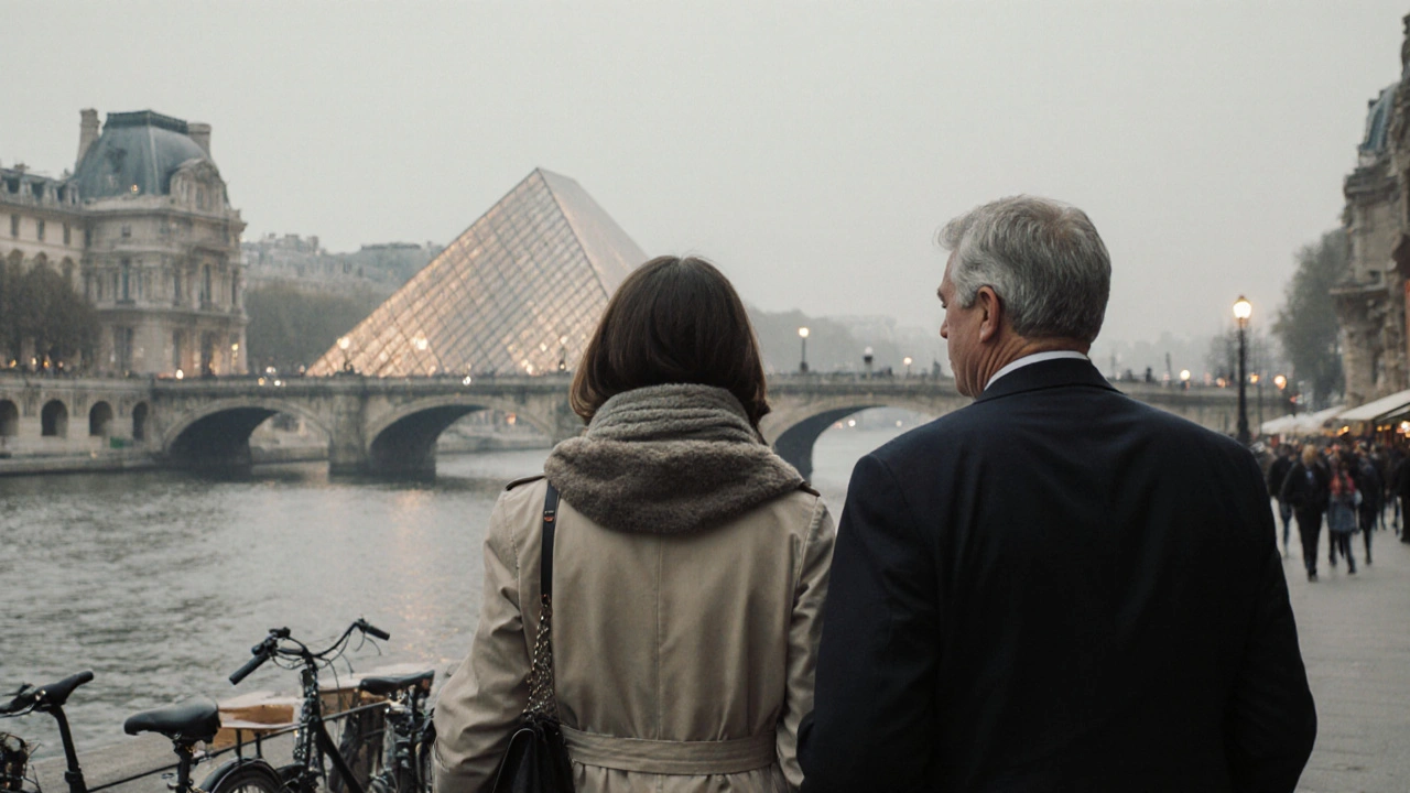 Two people walking peacefully along the Seine at dawn, the Louvre visible in the distance.