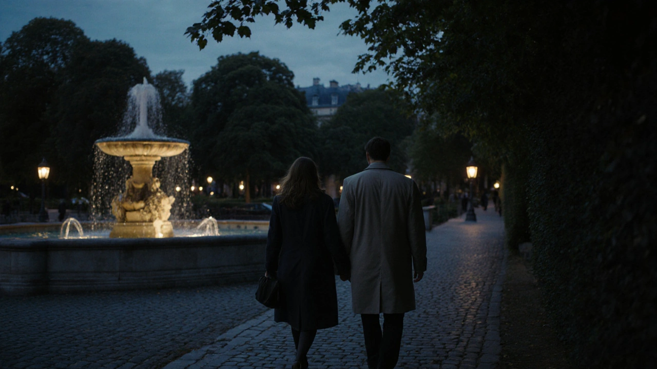 Two people walking peacefully at dusk in Luxembourg Garden, softly lit by lanterns, no faces visible.