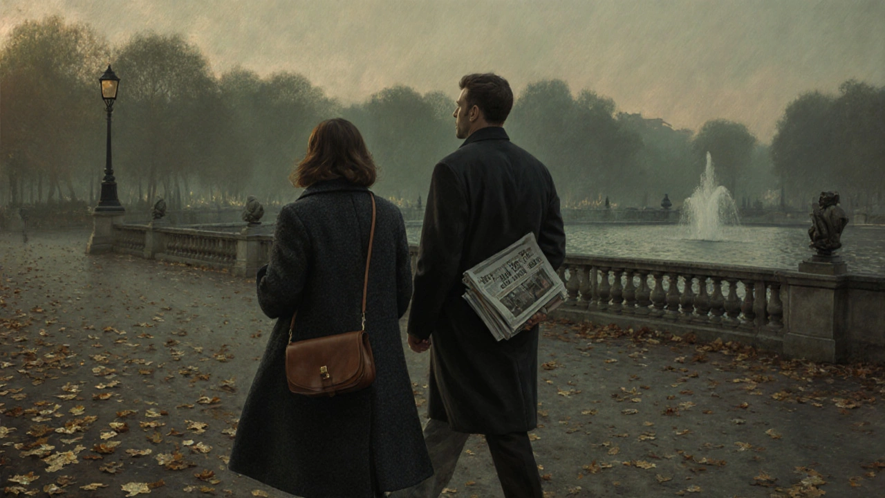 Two people walking peacefully through a twilight garden in Paris, autumn leaves falling around them.
