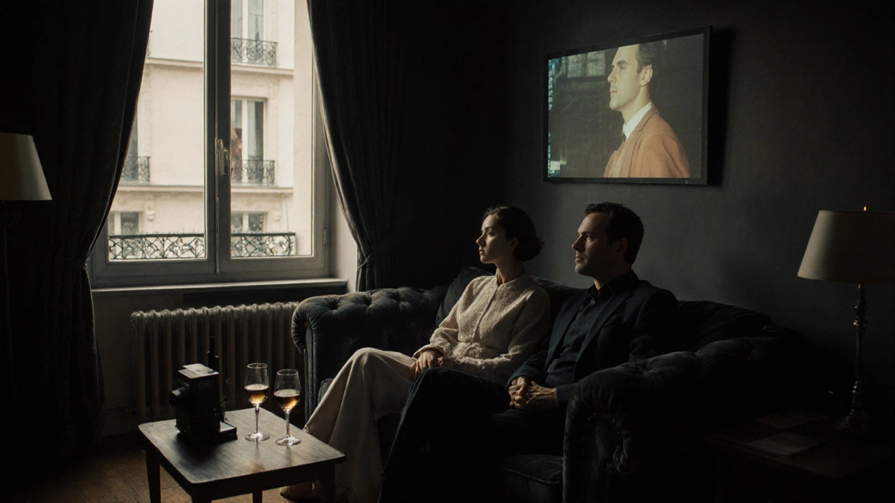 Two people watching an old French film together in a dimly lit private room, no costumes, only quiet intimacy.