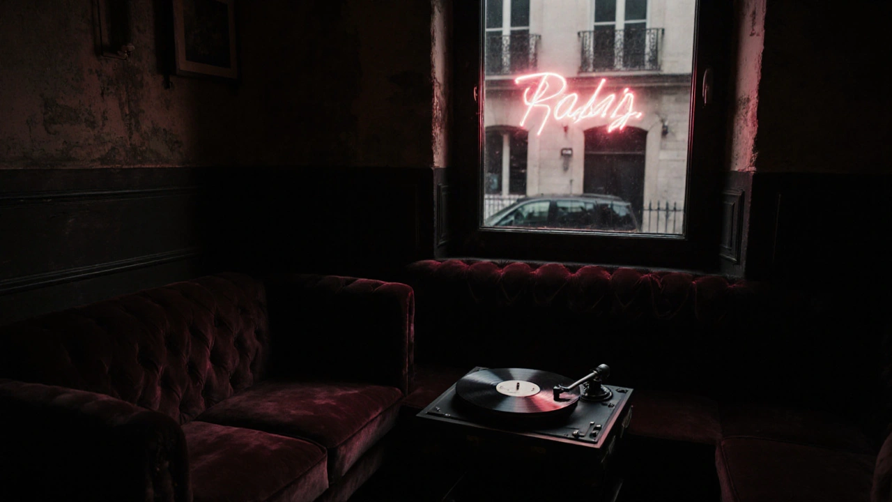 Vintage warehouse lounge with velvet sofas and neon glow, vinyl record spinning softly.