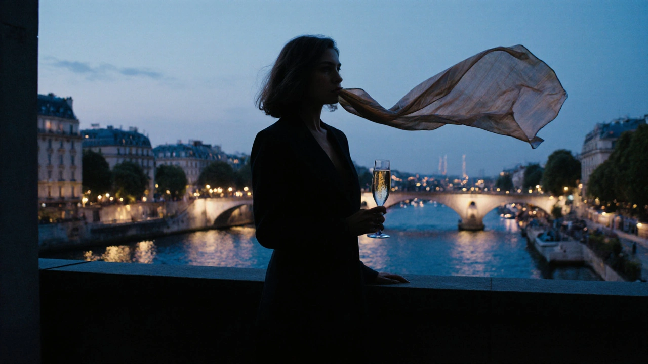 Woman on a secluded rooftop balcony overlooking the Seine at twilight, champagne in hand, silhouette against glowing city lights.