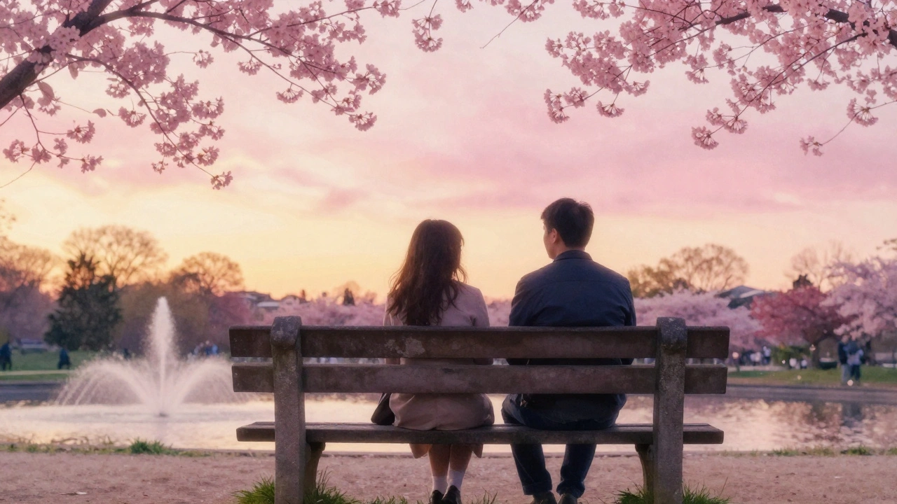 A couple sitting on a bench in Parc Montsouris at sunset, cherry blossoms drifting in the air.