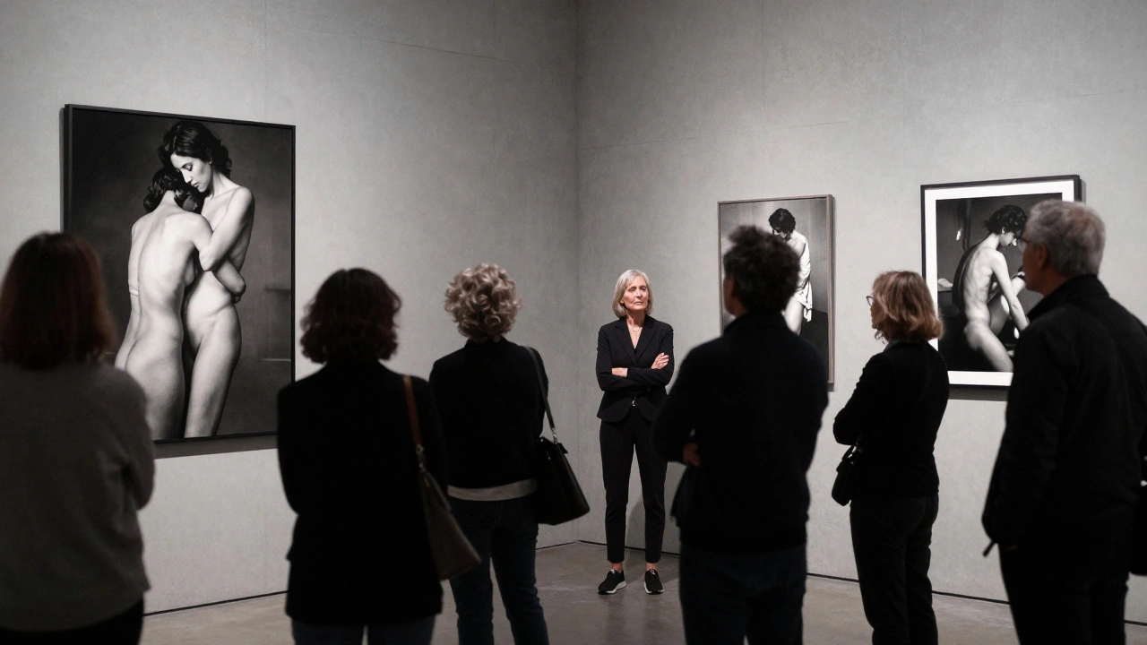 A diverse audience views artistic black-and-white photographs at a Paris gallery, one model quietly observing her own image.