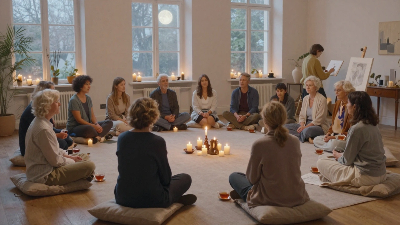 A diverse group of adults in a calm salon circle, sipping tea and listening, with a painter sketching quietly nearby.