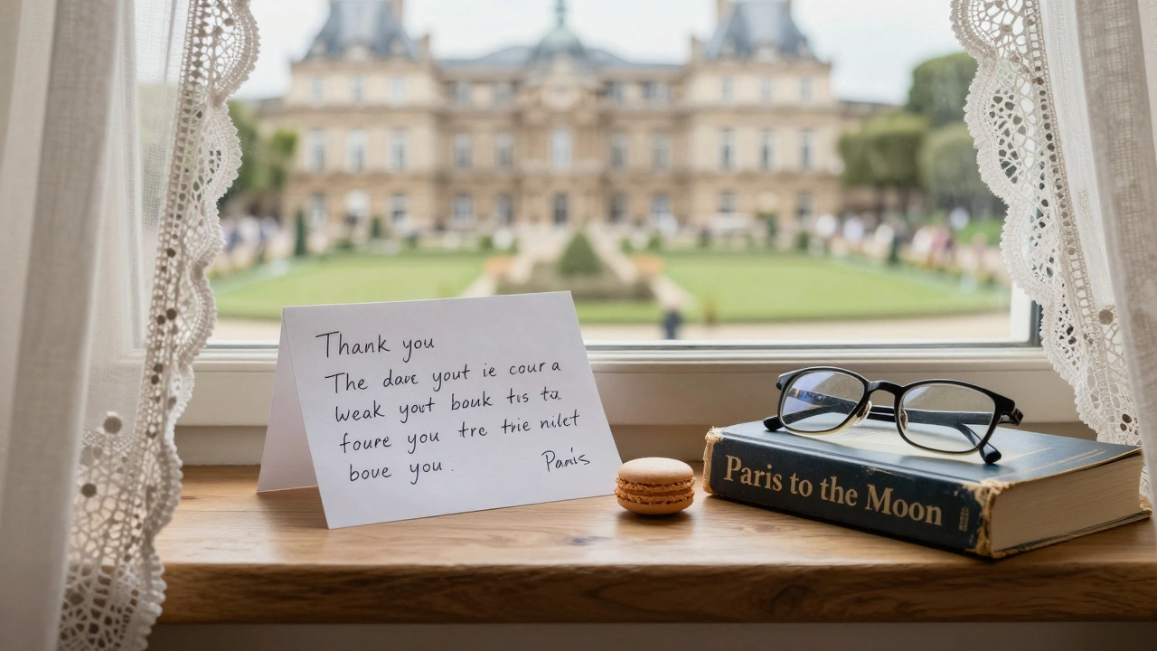 A handwritten note, macaron, and book on a windowsill overlooking Luxembourg Gardens.