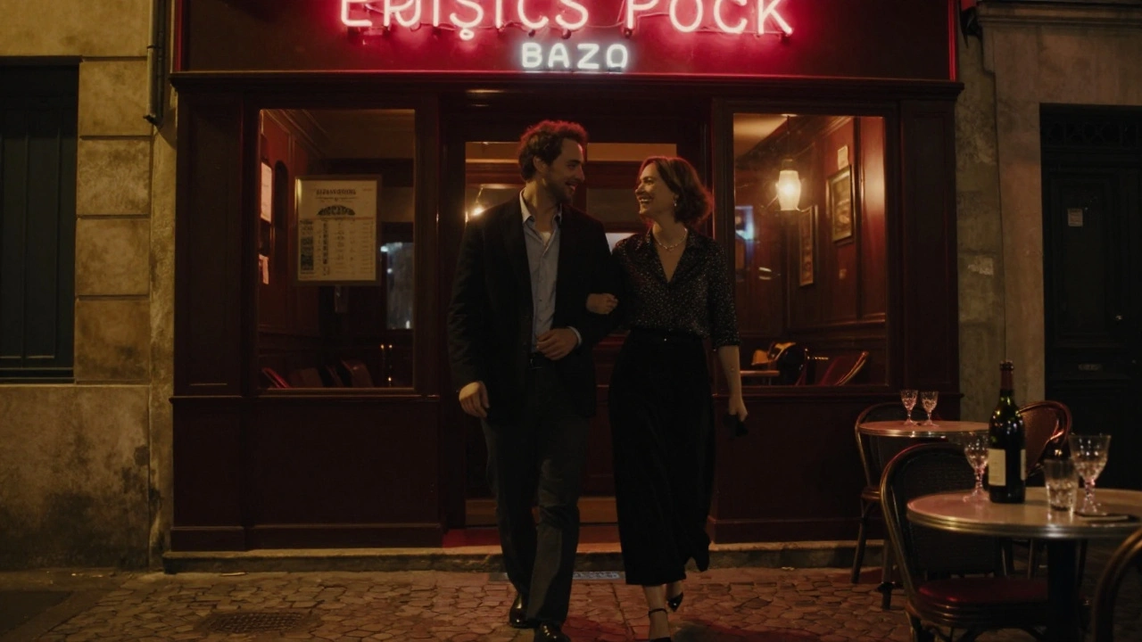 A man and woman walking together outside a jazz club in Saint-Germain-des-Prés at night.