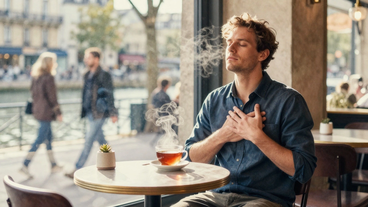A man sitting peacefully in a café after a massage, eyes closed, steam rising from tea as sunlight filters through the window.