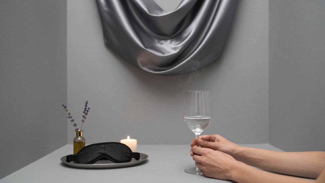 A minimalist sensory room with silk drapes, blindfold, and aromatherapy oil, bathed in soft golden candlelight.