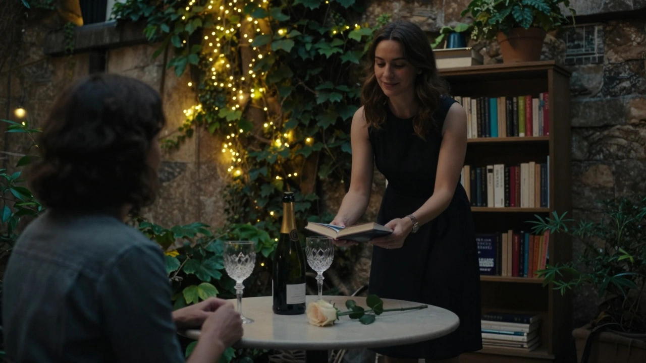 A private garden in Paris 16 with champagne, a rose, and a woman offering a book to a guest.