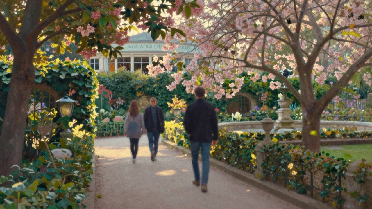 A secluded garden behind Grand Rex cinema with two silhouetted figures walking among blooming chestnut trees.