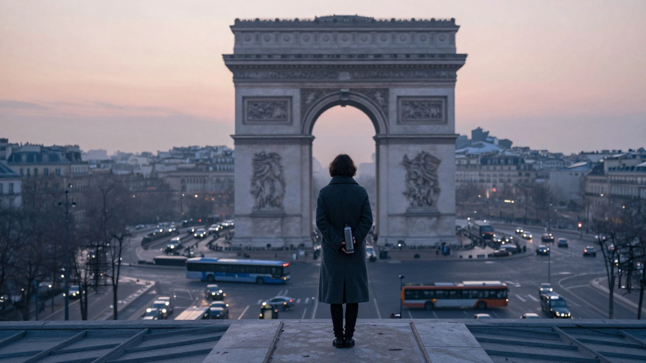 A solitary figure stands on a rooftop at sunrise, overlooking the Arc de Triomphe in peaceful stillness.