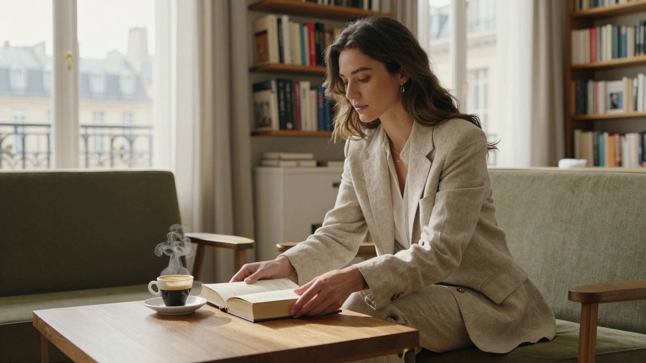 A sophisticated woman in a quiet Parisian lounge placing a book beside a cup of espresso.