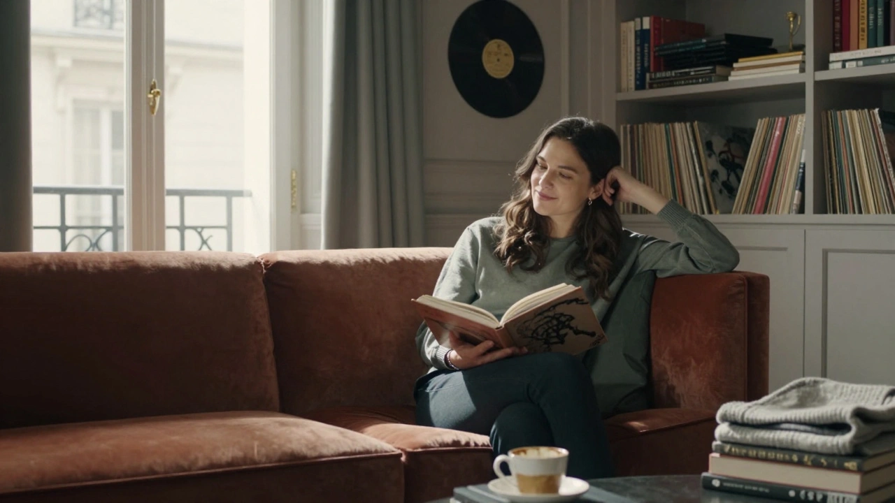 A woman and client in a cozy Paris apartment, engaged in thoughtful conversation surrounded by books and natural light.