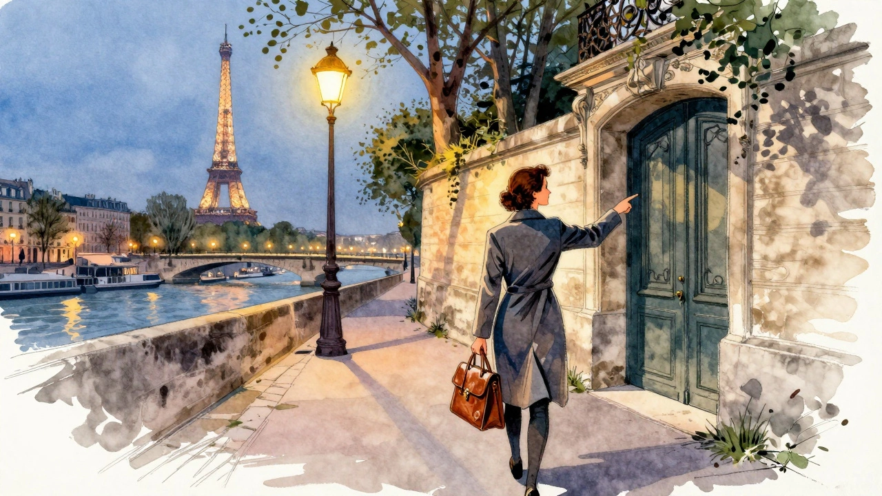 A woman guides a man through a hidden Parisian courtyard at twilight.