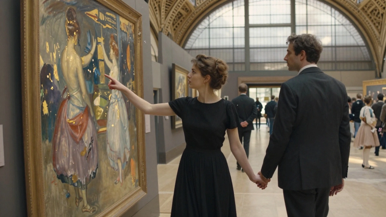 A woman guiding a man through the Musée d’Orsay, pointing at a Degas painting in soft sunlight.
