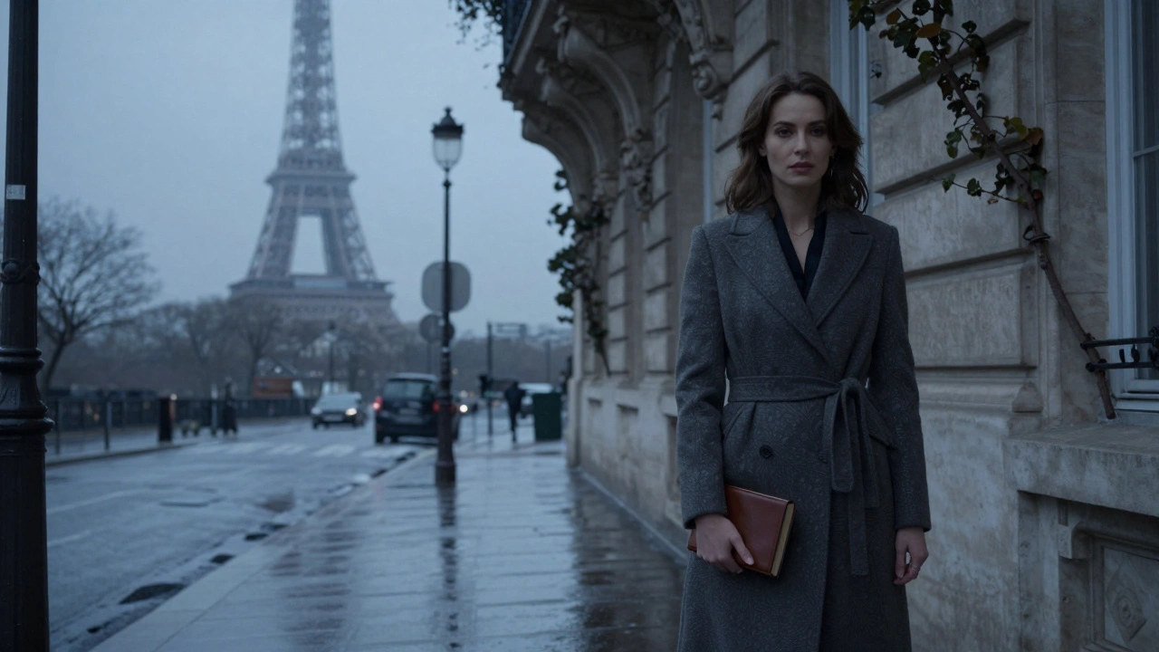 A woman in a tailored coat stands on a rainy Paris street at dusk, Eiffel Tower faintly visible in the distance.