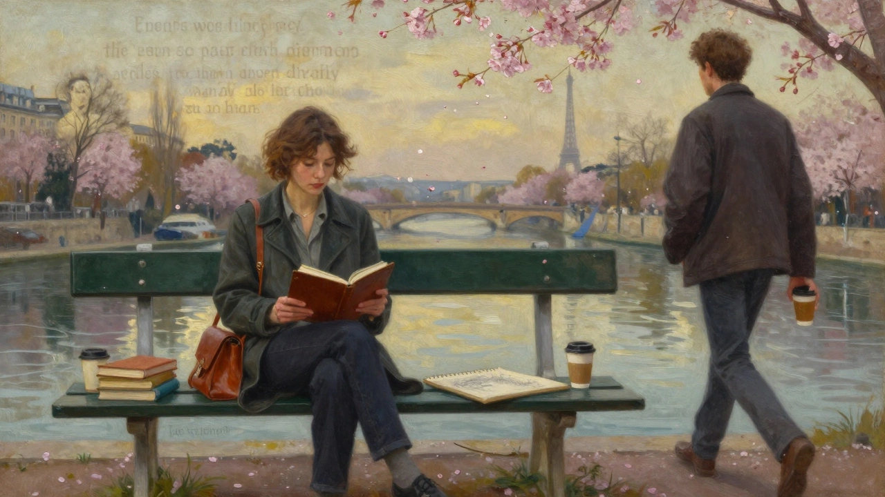 A woman reading by the Canal Saint-Martin, books and sketchpad beside her, golden hour light reflecting on water.