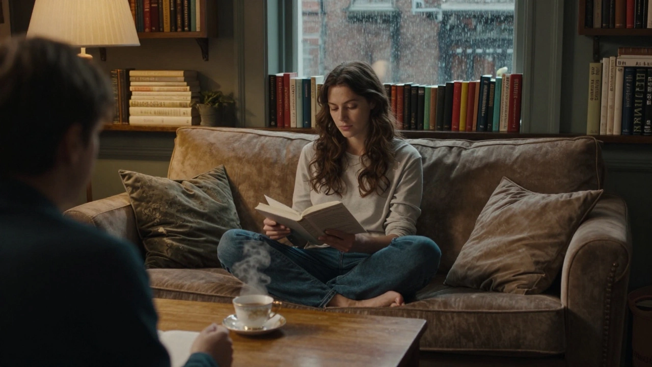 A woman reads poetry to a client in a cozy book-filled apartment, tea steaming between them.