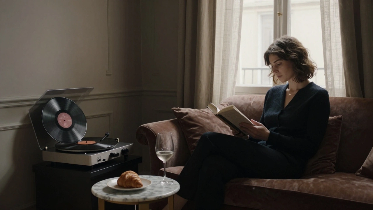 A woman reads quietly in a Le Marais apartment, vintage vinyl playing, natural light filtering through curtains.