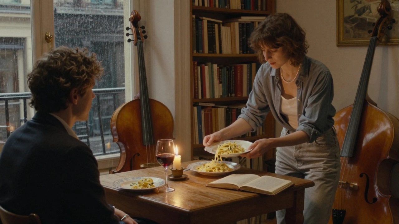 A woman serves pasta in a warm, book-filled apartment with candlelight and French jazz playing.