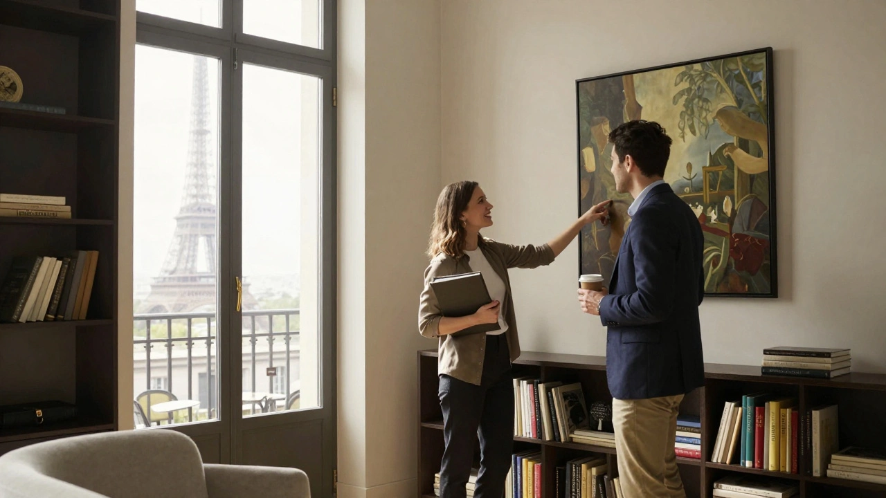 A woman showing art to a client in a well-lit Paris apartment with the Eiffel Tower visible outside.