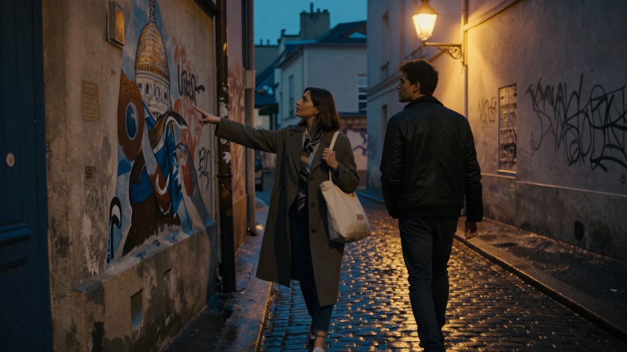 A woman shows a hidden mural in Montmartre to a quiet companion at night.