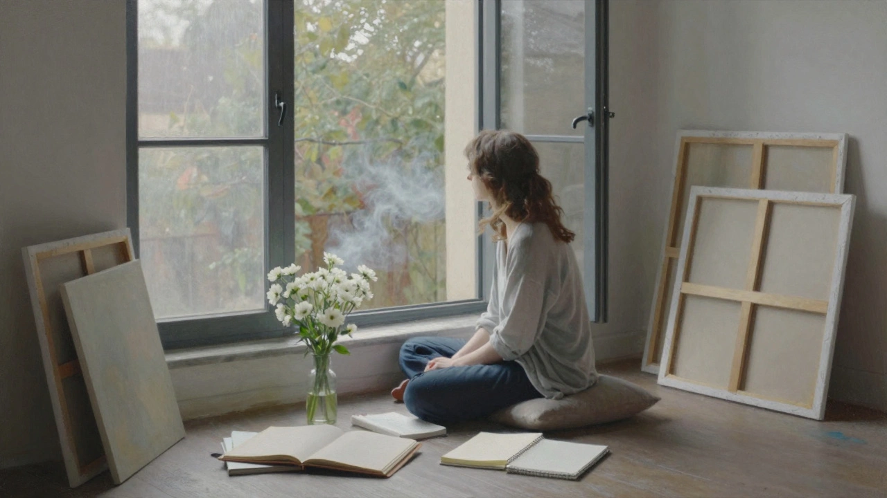 A woman sits in a sunlit studio surrounded by art and books, morning light filtering through high windows.