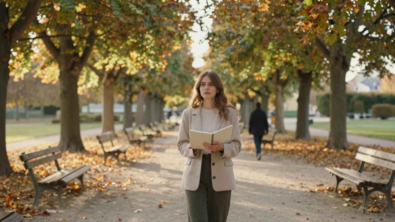 A woman sketches alone in Luxembourg Gardens at golden hour, leaves falling around her.
