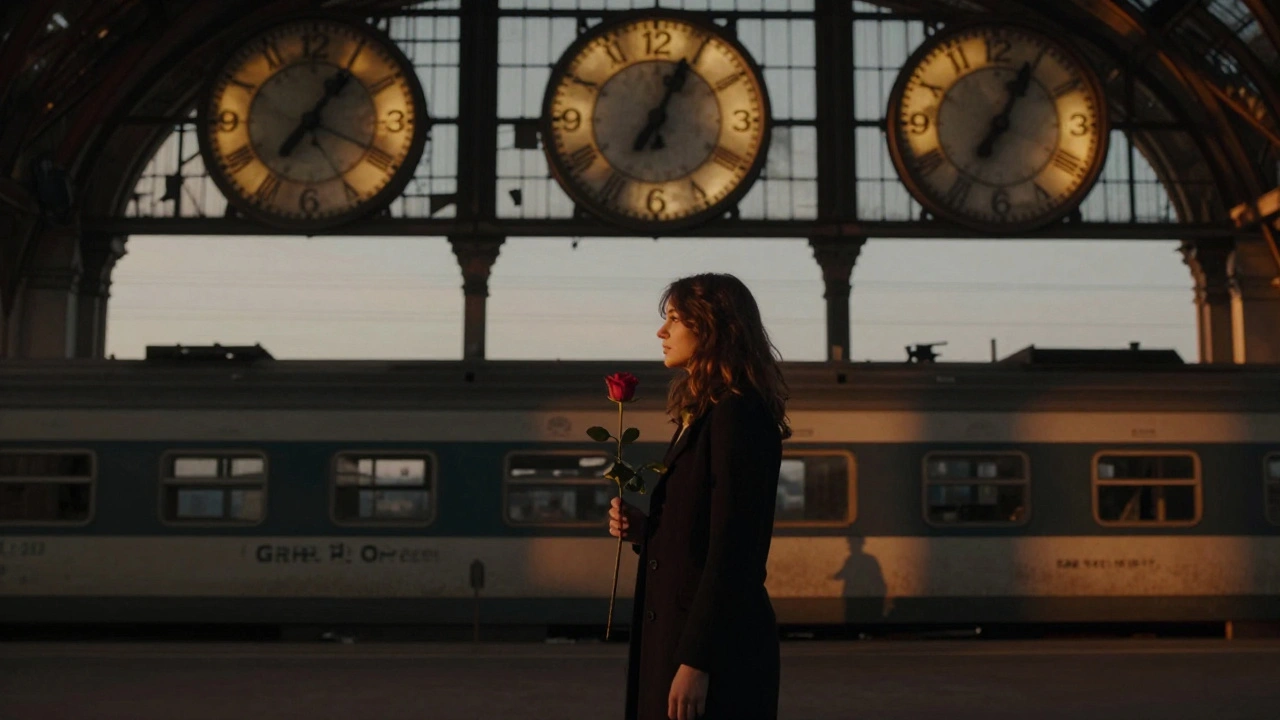 A woman stands alone before Gare d'Orsay's glowing clocks at dusk, holding a rose.