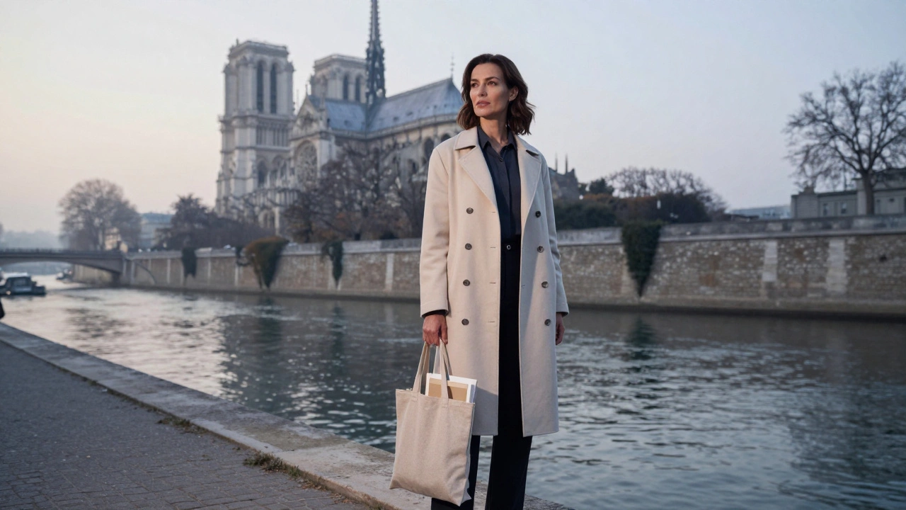 A woman stands alone on the Seine at dawn, holding a tote bag, quiet and dignified.