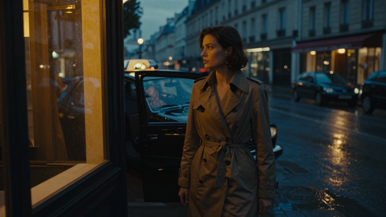 A woman steps from a taxi in rainy Saint-Germain, trench coat glistening, her silhouette framed by café light.