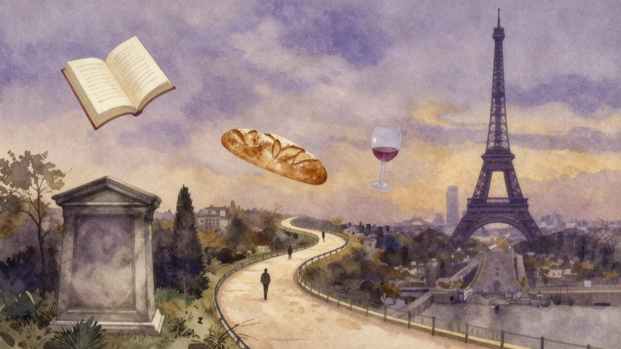 Abstract watercolor path connecting key locations in Paris 14 through symbolic objects and twilight hues.