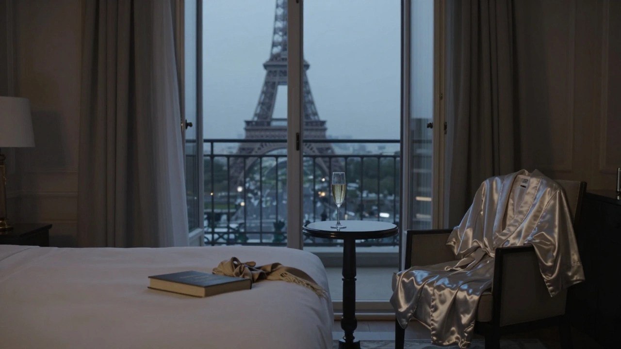 An empty luxury hotel suite in Paris with champagne and a robe, the Eiffel Tower faintly visible in the distance.