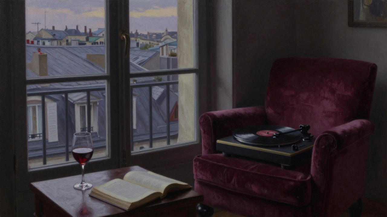An intimate apartment interior with a record player, velvet armchair, and open book overlooking Montmartre at dusk.