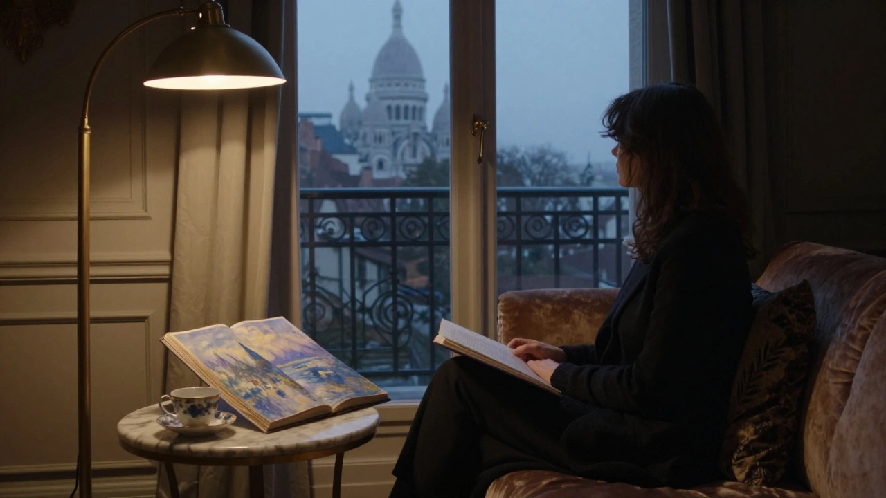 An intimate apartment scene in Paris 9 with tea, an open art book, and a view of Montmartre at dusk.